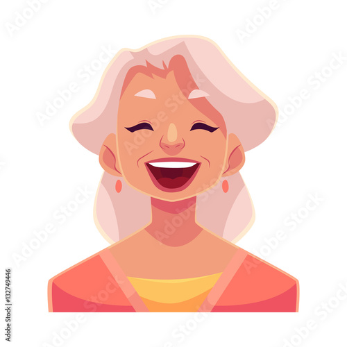 Grey haired old lady, laughing facial expression, cartoon vector illustrations isolated on white background. Old woman laughing out load with closed eyes and open mouth. Laughing face expression