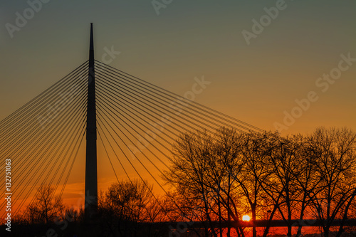 Obraz na płótnie The highest bridge in the world with one carrier pylon, Belgrade, Serbia, HDR Image. w salonie
