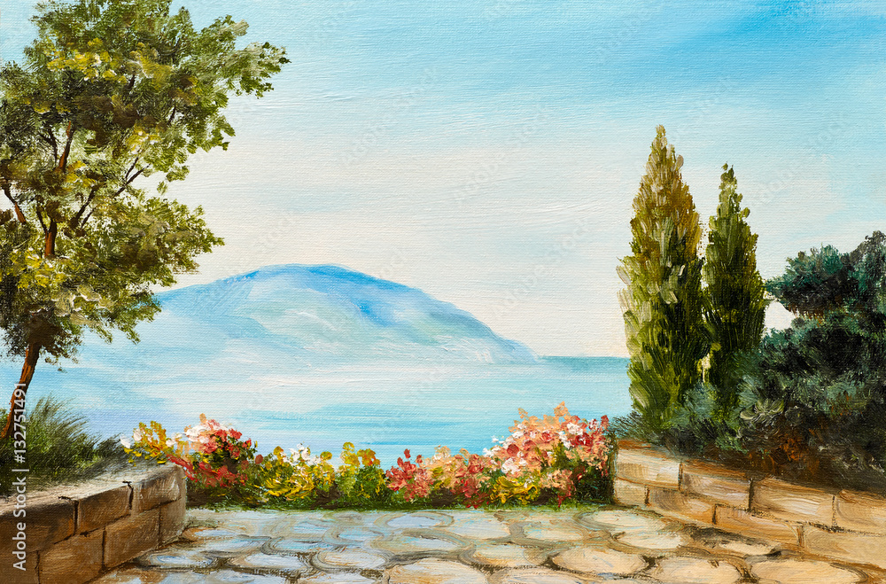 Obraz obraz olejny, góry nad morzem, abstrakcyjny rysunek