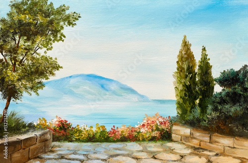Obraz na płótnie obraz olejny, góry nad morzem, abstrakcyjny rysunek