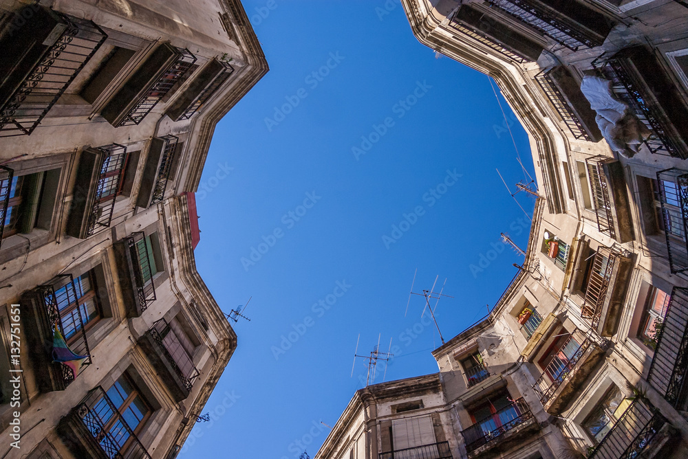 Looking up on a square in Barcelona, Spain