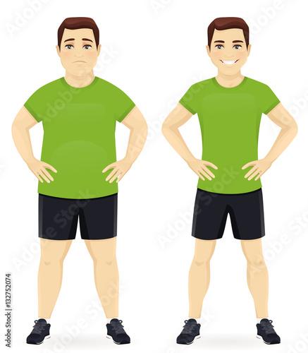 Fat and slim man, before and after weight loss in sportswear isolated