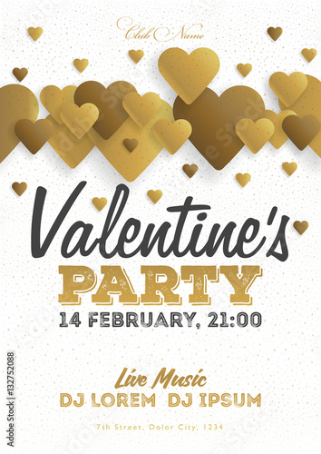 Golden Valentine's Day invitation flyer. The template for the club, musical evenings. Speech by musicians, DJs. Night festive party. Background with hearts. Vector illustrations