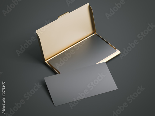 Fotografia Golden case with black blank business cards. 3d rendering