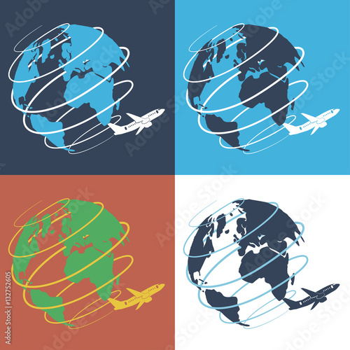 Globe and plane vector icons. Plane flies all over the world. Logo for travel agency. Traveling all around the world concept.