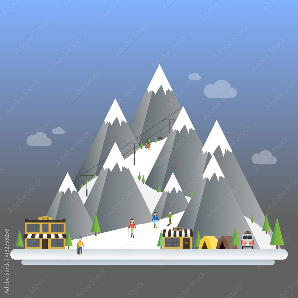 Ski Resort modern cartoon concept. Mountain landscapes. Vector flat illustration