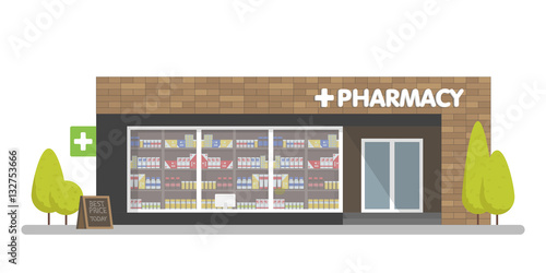 Facade of pharmacy in the urban space, the sale of drugs and pills. photo