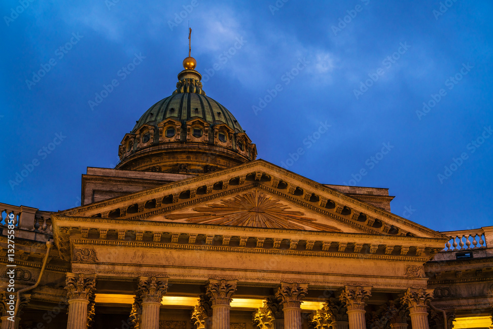 Illuminated Kazan cathedral at night, Saint Petersburg