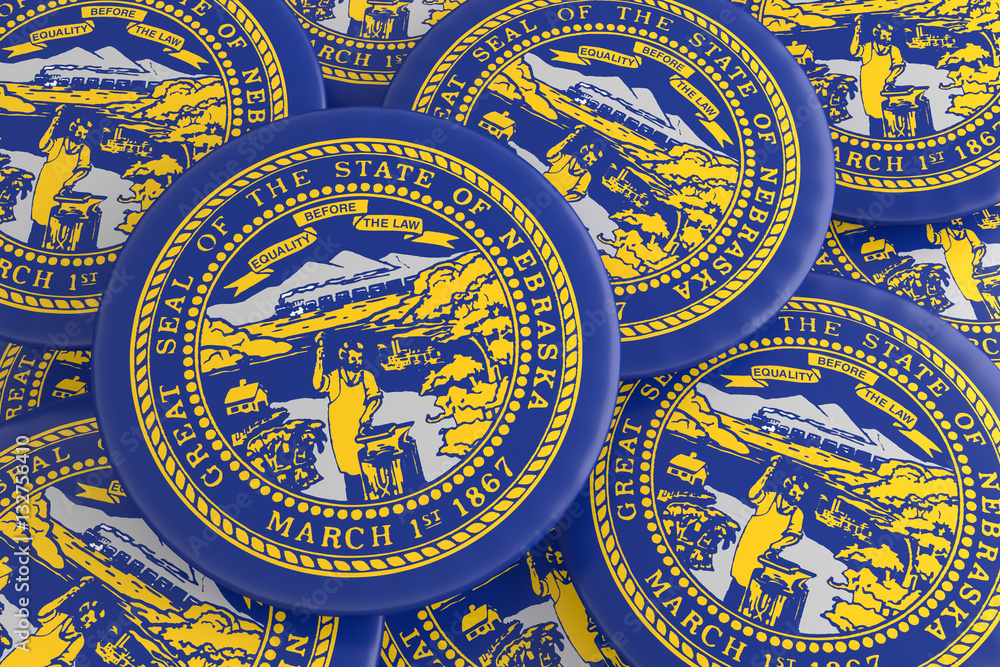 US State Buttons: Pile of Nebraska Flag Badges, 3d illustration