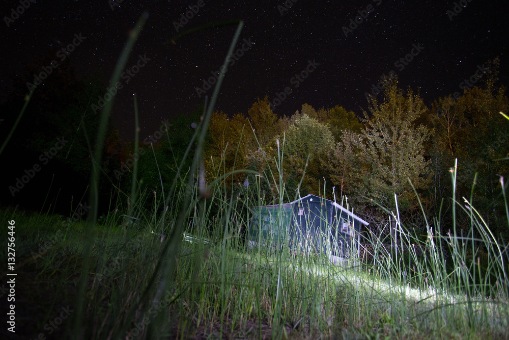 cabin at night