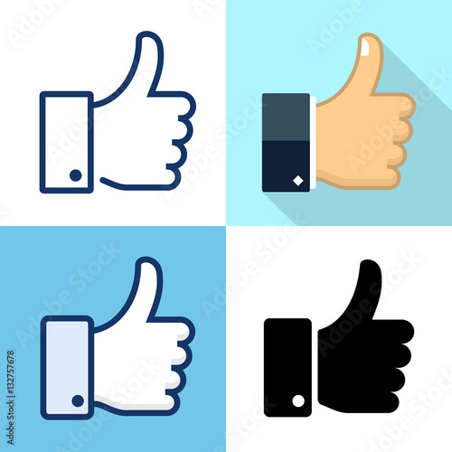 Set of thumbs up icons. Flat, line, outline and silhouette  like icon vector