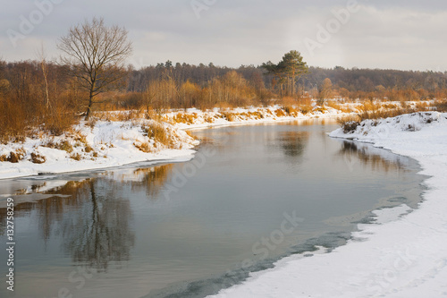 non-freezing river on winter forest backgrounds