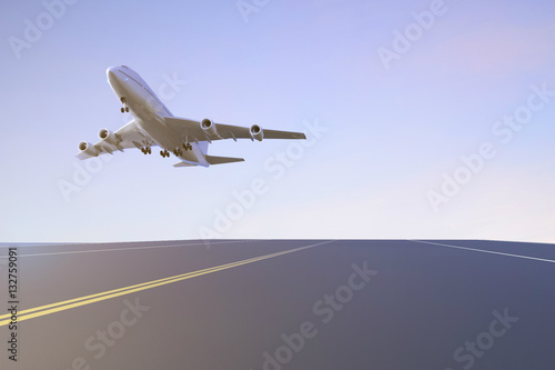 Airplane taking off on Runway in Beautiful Blue Sky Background