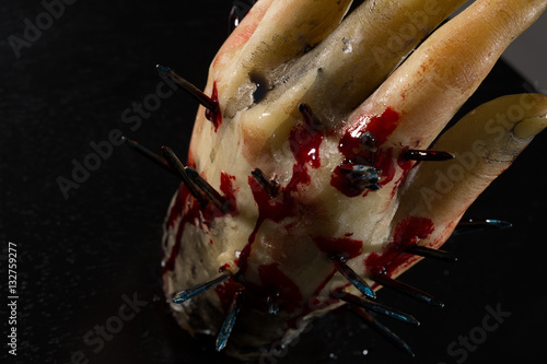 Obraz na płótnie wax hand sculpture with nails and blood w salonie