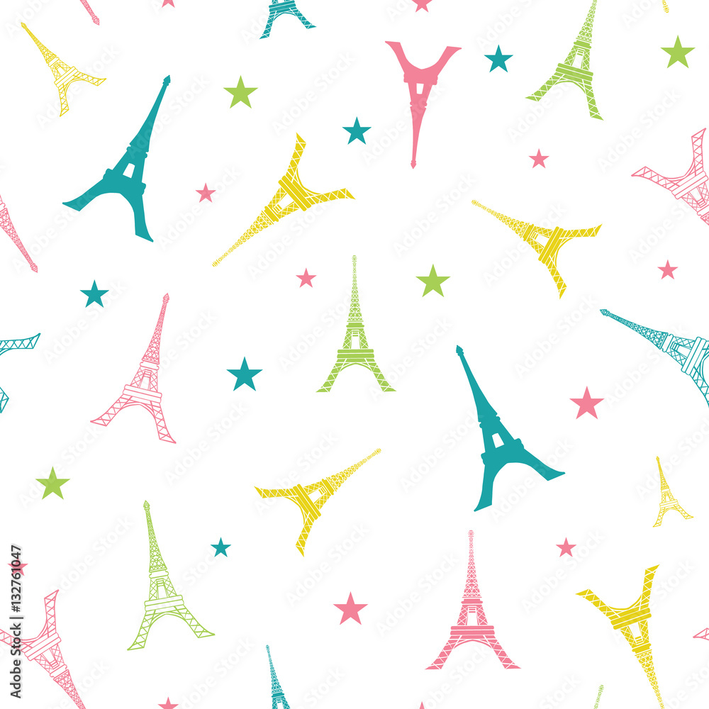 Naklejka Vector Colorful Eifel Tower Paris Silhouettes Seamless Repeat Pattern. Perfect for travel themed postcards, greeting cards, party invitations, fabric.