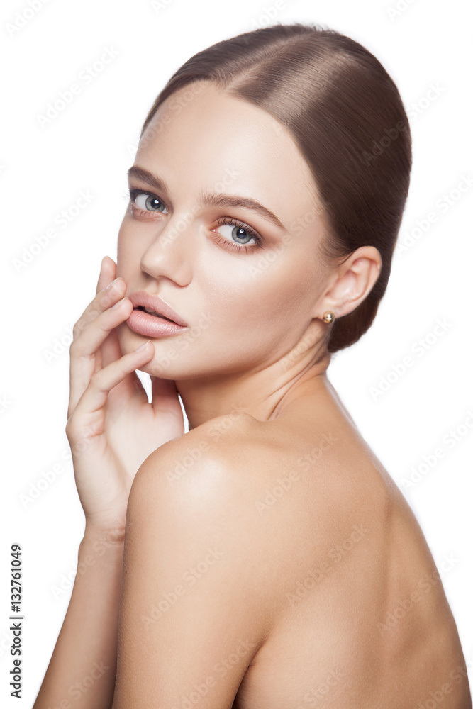 Calm beauty. Portrait of beautiful young blonde woman with nude makeup, blue eyes, hairstyle and clean face. Studio shot, Isolated on white background. Calm beauty. Portrait of beautiful young blonde woman with nude makeup, blue eyes, hairstyle and clean face. Studio shot, Isolated on white background.