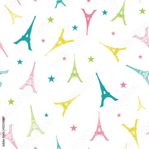 Vector Colorful Eifel Tower Paris Silhouettes Seamless Repeat Pattern. Perfect for travel themed postcards, greeting cards, party invitations, fabric.