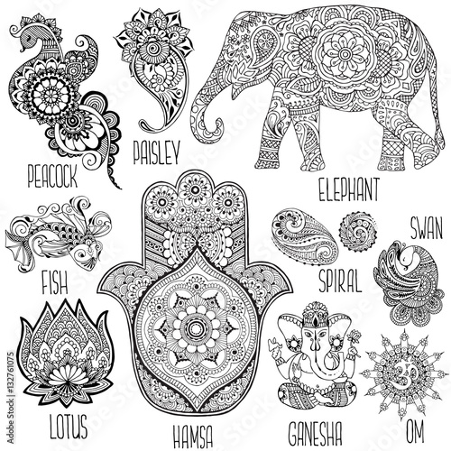Lotus, hamsa, elephant, Ganesha and other symbols used in mihendi.