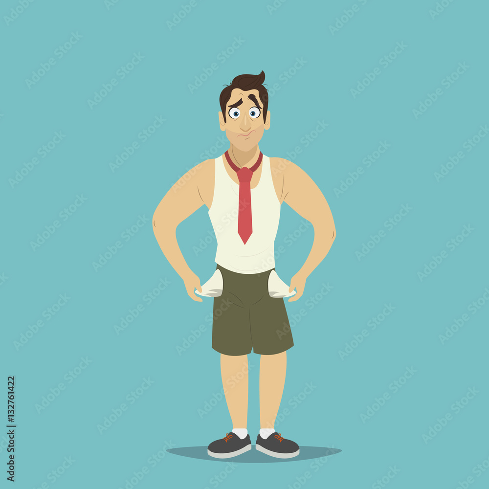 Bankrupt businessman showing empty pockets. Manager in shorts, shirt and tie. Bankrupt businessman showing empty pockets. Manager in shorts, shirt and tie.
