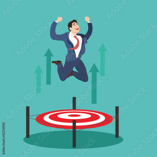 Businessman jumping up target trampoline. Business man jumping with target on the floor successful concept.