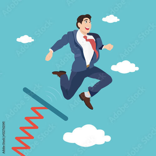 Businessman jumping from springboard on blue sky background. Business success start.