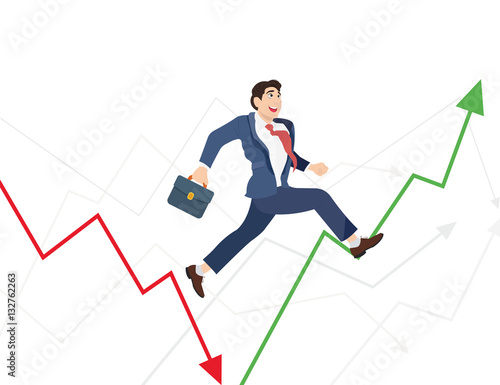 Business man run in world ups and downs. Illustration of a manager jumping over arrow symbol.