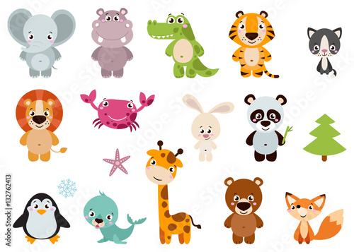 Big set isolated animals. Vector collection funny animals. Cute animals: forest, farm, domestic, polar in cartoon style. Giraffe, elephant, crab, rabbit, fox © anhut