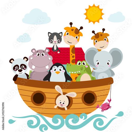 Childish style illustration of Noah's ark on the ocean waves and full of animals aboard (panda, penguin, elephant, giraffe, cat, rabbit, hippo, crocodile).