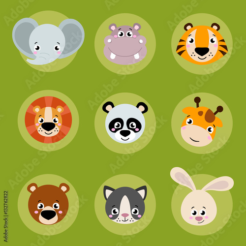 Big set head of animals icons. Vector collection funny face of animals. Cute face of animals: forest, farm, domestic in cartoon style. Giraffe, elephant, hippo, rabbit, tiger, lion, panda, cat