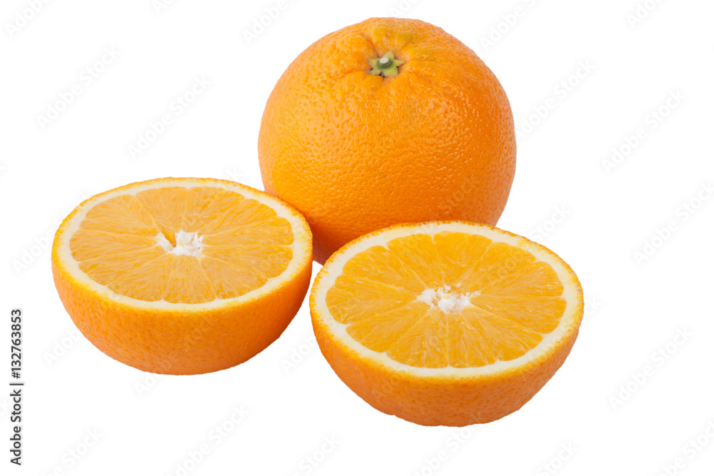 whole orange and two cut halves isolated on white background whole orange and two cut halves isolated on white background