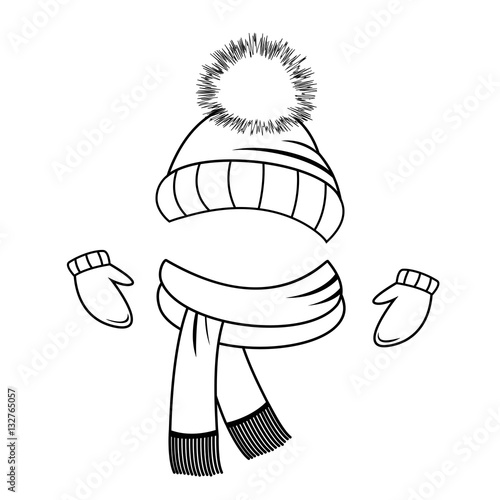 Collection of winter clothing. Hat, scarf and mittens. Coloring book