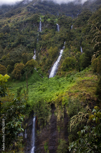 Ile de la Reunion island tropical rainforest waterfalls with green lush plants