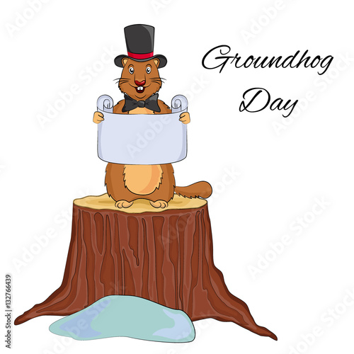 Groundhog Day cartoon design. Cute groundhog in a hat and bow tie holding a scroll. Vector EPS 10 illustration. Usable for design greeting card, banner, invitation, calendar, poster