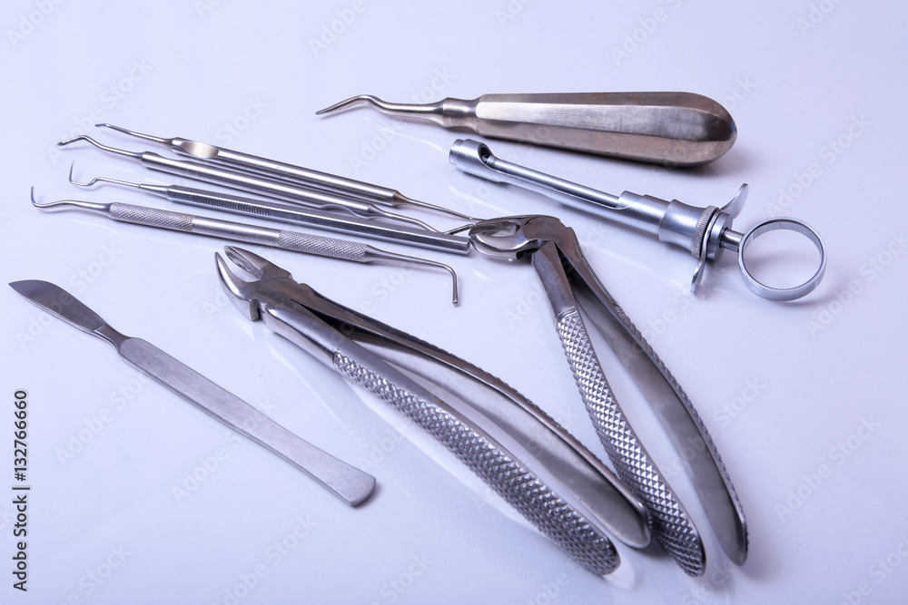 Surgical instruments and tools on table for a surgery