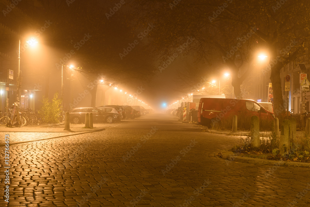 Fototapeta premium leere straße nachts im nebel in berlin empty road at night in fog in berlin