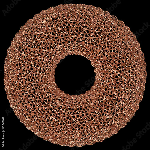 Abstract mesh imitating copper wires grouped into a toroidal shape, isolated on black background, 3D rendering photo