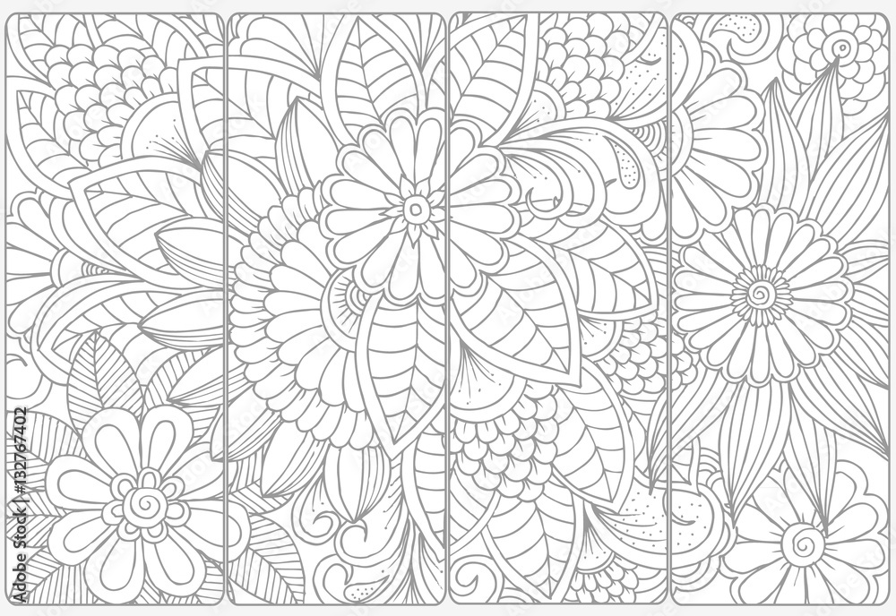 Vector set of monochrome bookmarks .Floral doodling for coloring Vector set of monochrome bookmarks .Floral doodling for coloring