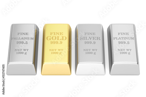 set of monetary metals ingots, 3D rendering
