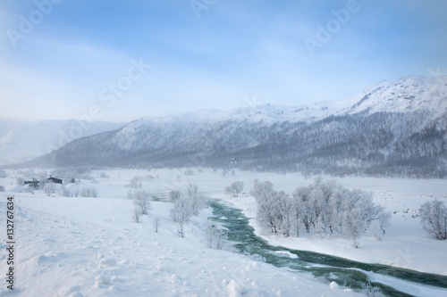 Norway winter landscape snow river and mountains