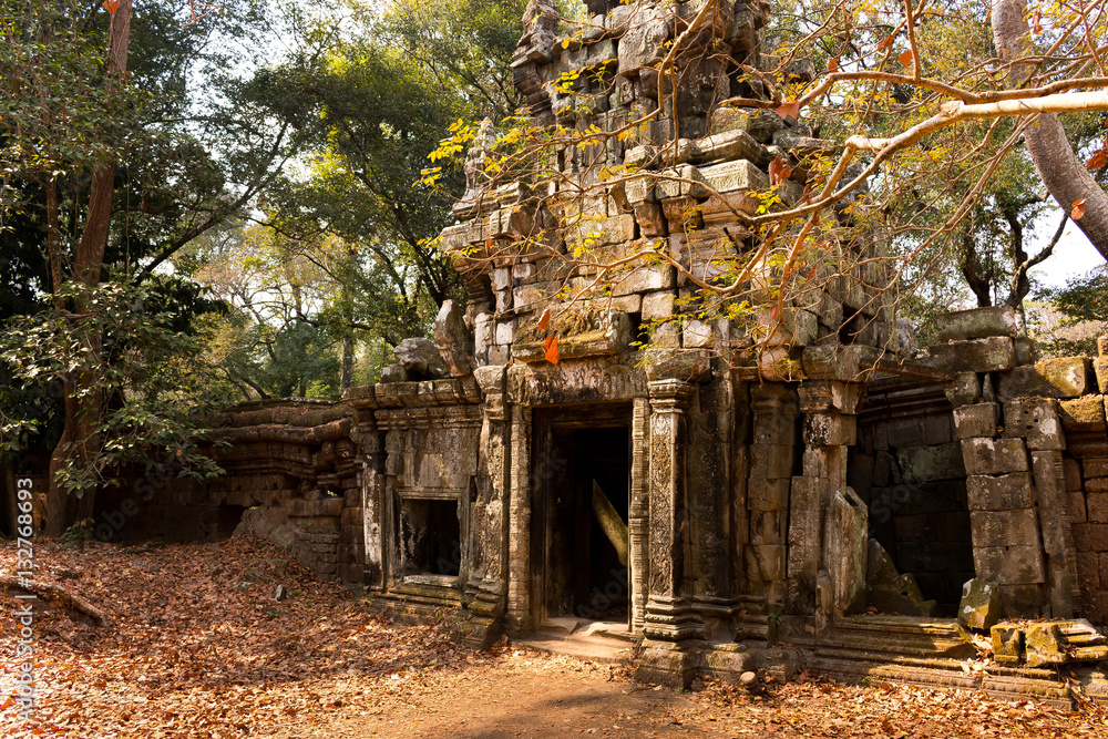 Cambodia Angkor wat temple ruin lost entrance with no tourists at sunset ambience