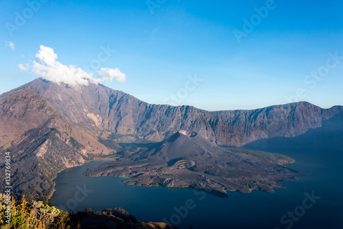 Indonesia Mount Rinjani volcano landscape panorama from the crater rim