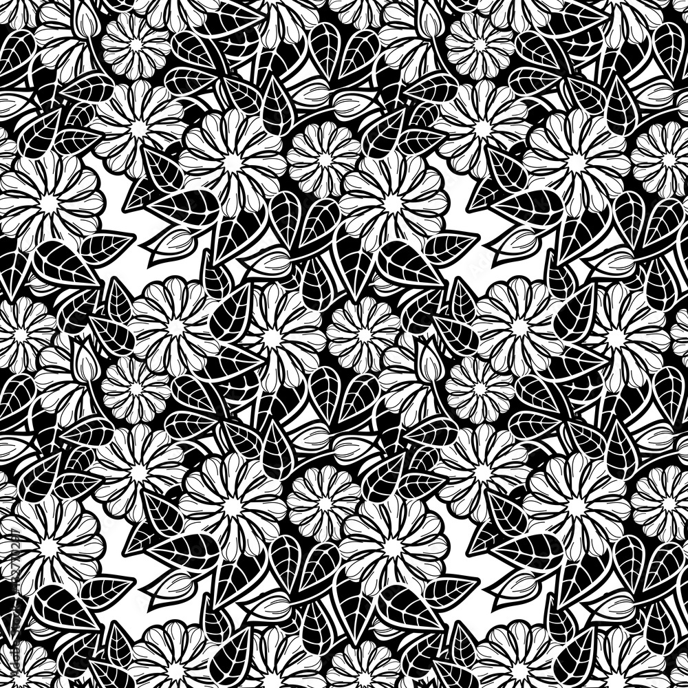 Fototapeta premium Black and white seamless floral pattern. Vector clip art.