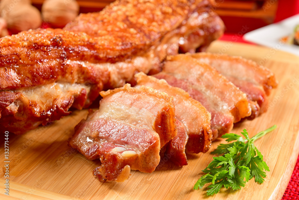 Cracklings on wooden cutting board Cracklings on wooden cutting board