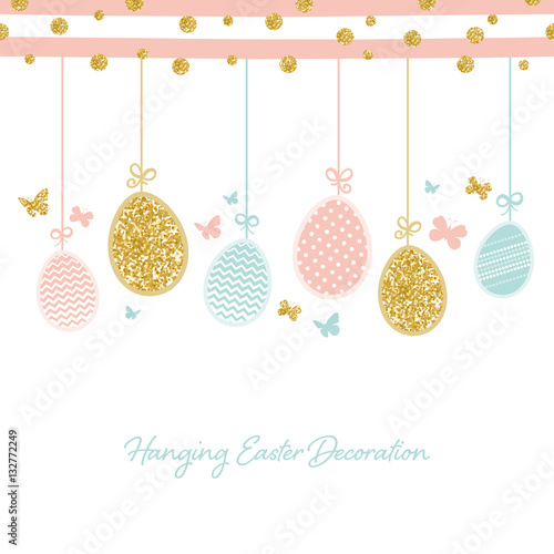 Hanging easter decoration with eggs, butterflies and sparkeling