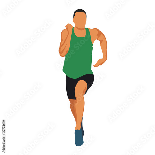Running man in green jersey, muscular athlete front view. Abstra