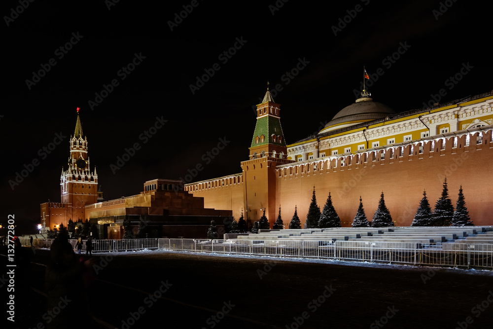 Night view at Moscow Kremlin from the red square in winter
