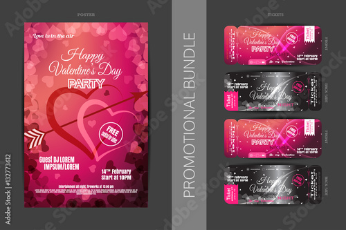 Vector Happy Valentine's Day night party promotional bundle of gradient red and pink poster and tickets with hearts on the dark gray background.