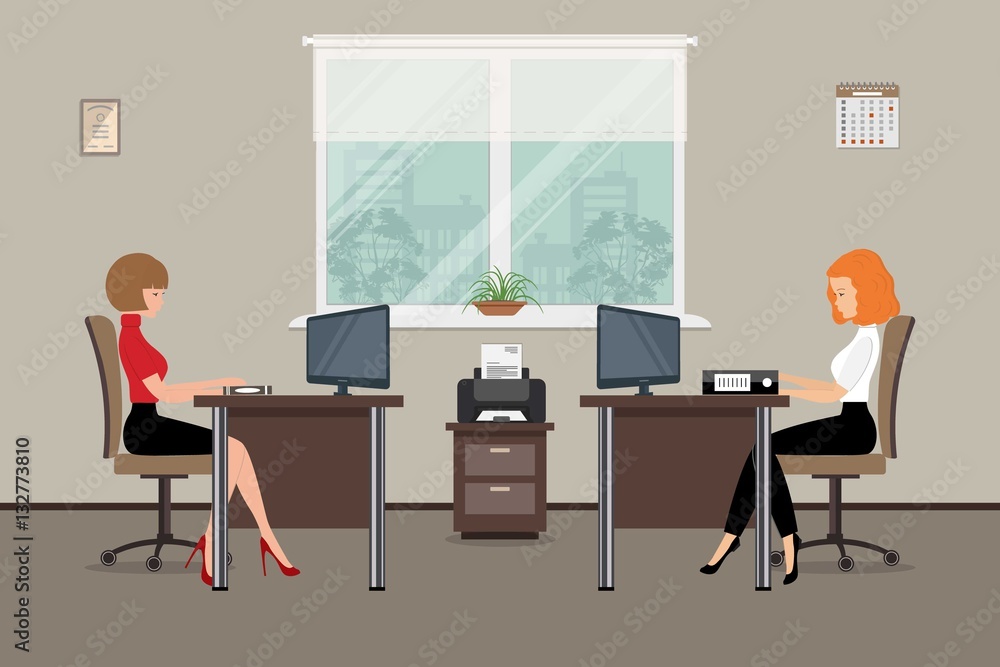 Web banner of two office workers. The young women are an employees at work. There is furniture in brown color on a windows background in the picture. Vector flat illustration Web banner of two office workers. The young women are an employees at work. There is furniture in brown color on a windows background in the picture. Vector flat illustration