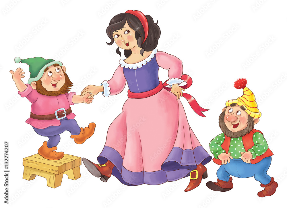 The Snow White and seven dwarfs. Fairy tale. Coloring page.  Cute Snow White dancing with dwarfs