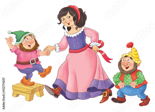 The Snow White and seven dwarfs. Fairy tale. Coloring page.  Cute Snow White dancing with dwarfs © Hasmik